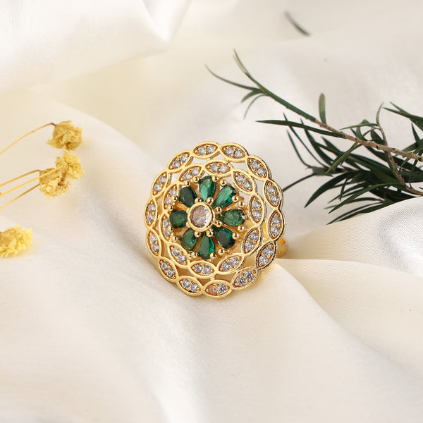 Meraki Delicate Green Gold Plated Kundan Ethnic Ring.