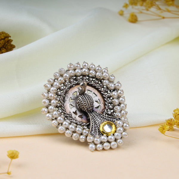 Oxidized Peacock Design with Pearls Ring