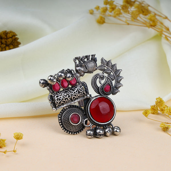 Ruby Stone Peacock Design Oxidized Silver Ring