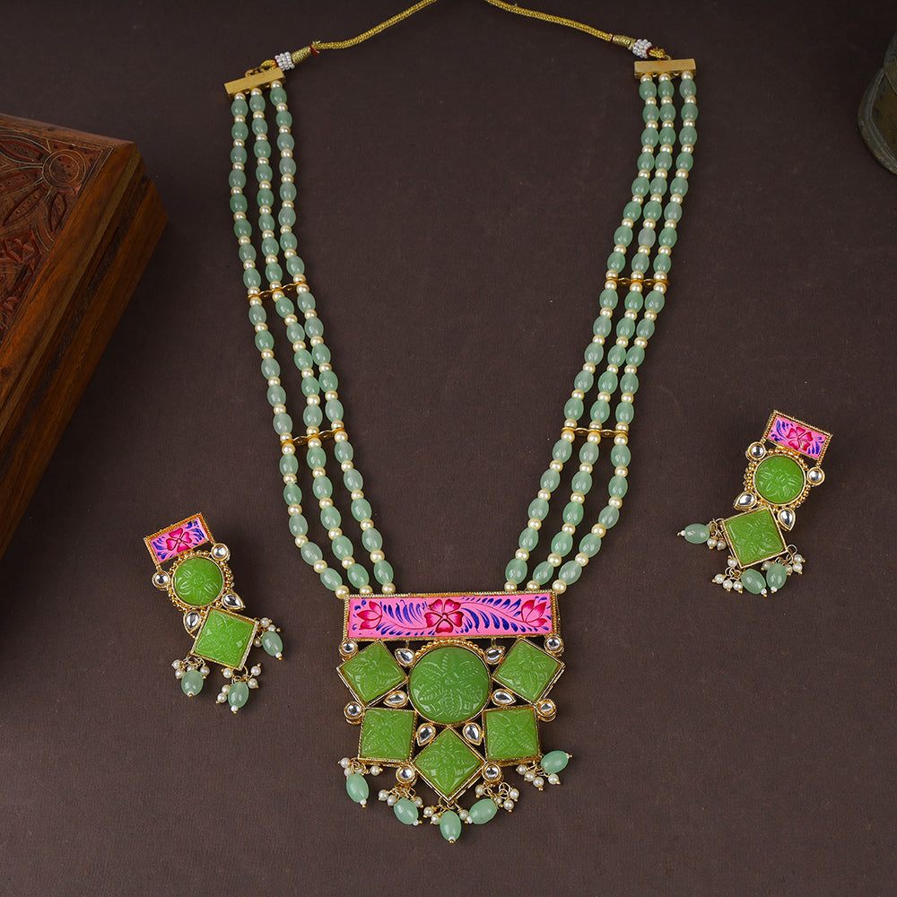 Beaded Kundan Long Necklace Set