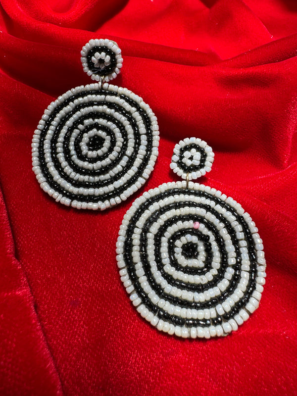 Round Black White Beaded Earrings