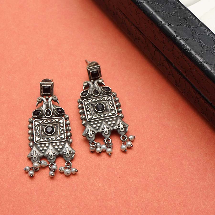 Sterling Silver Black Stone Oxidized Earrings