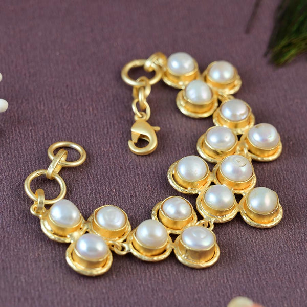 Meraki Gold Plated Adjustable Bracelet with White Pearl
