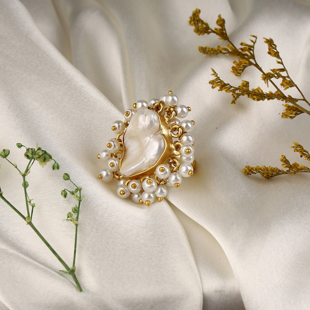 Meraki White Stone Pearl Studded Adjustable Ring