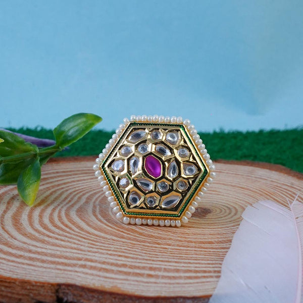 Meraki Jaipuri Green Gold Tone Kundan Adjustable Ring