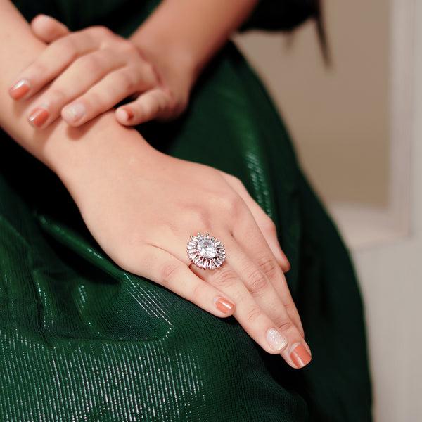 Drop Shaped White Stone Platinum and CZ Ring