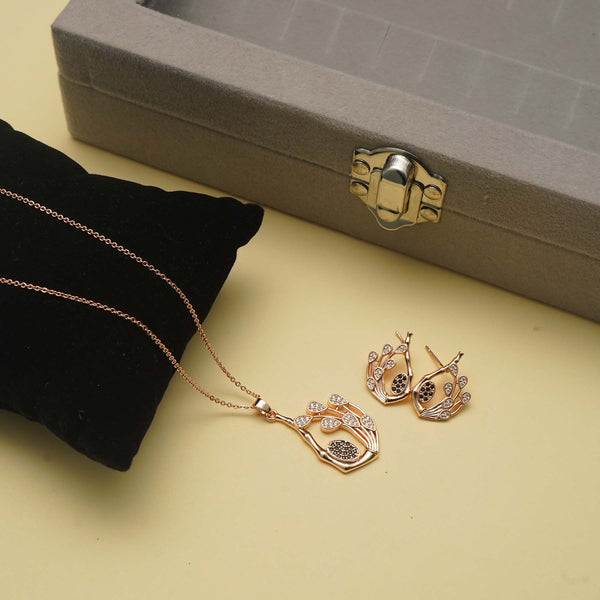 Meraki Rose Gold Plated Peacock Feather Shaped Pendant Set for Women