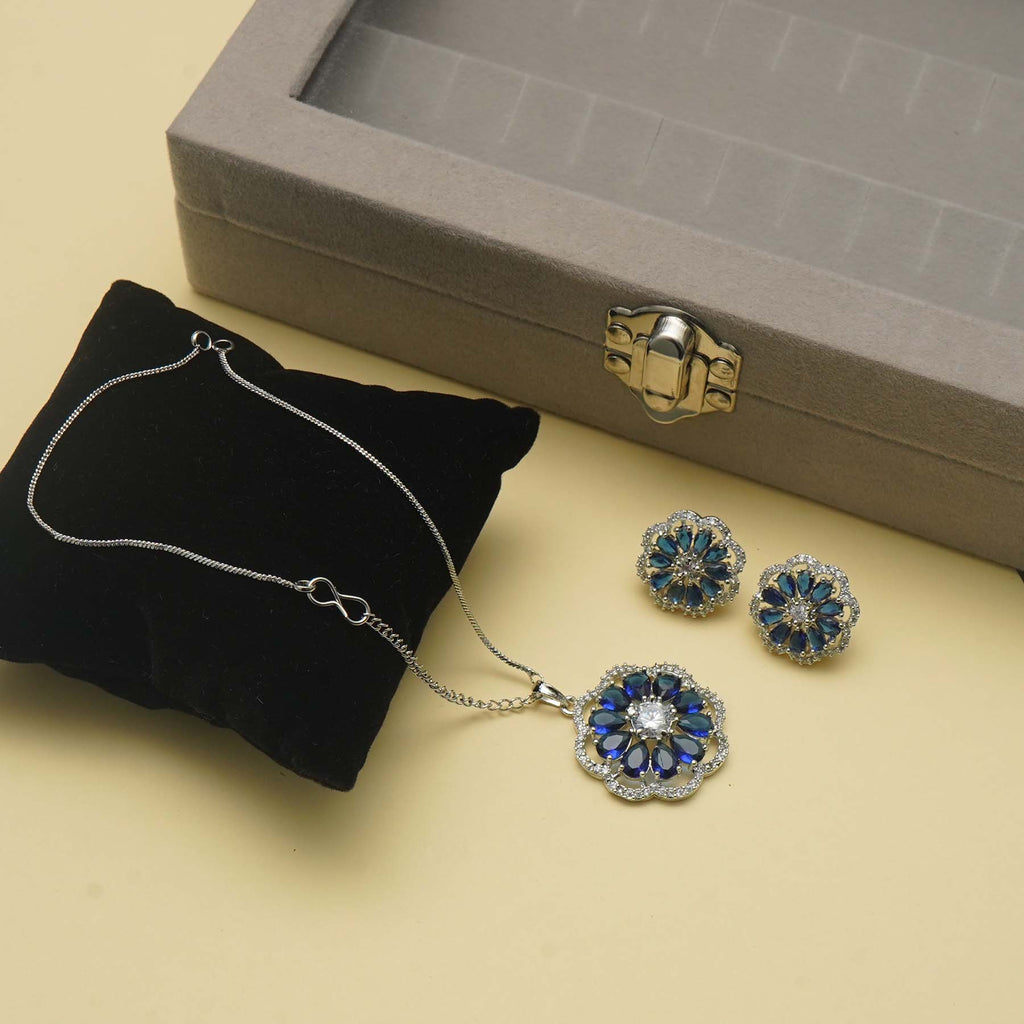 Meraki Blue Lace Agate & Sapphire Color Circle Pendant Set