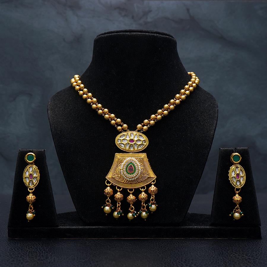Meraki Gold Plated Embossed Choker Pearl Droplet Hanging Set