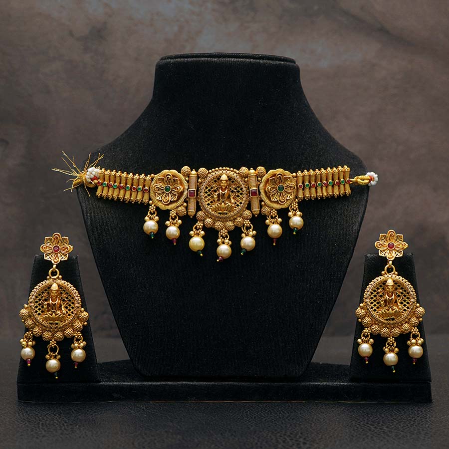 Meraki Gold Plated Flower Design Temple Jewelry Set