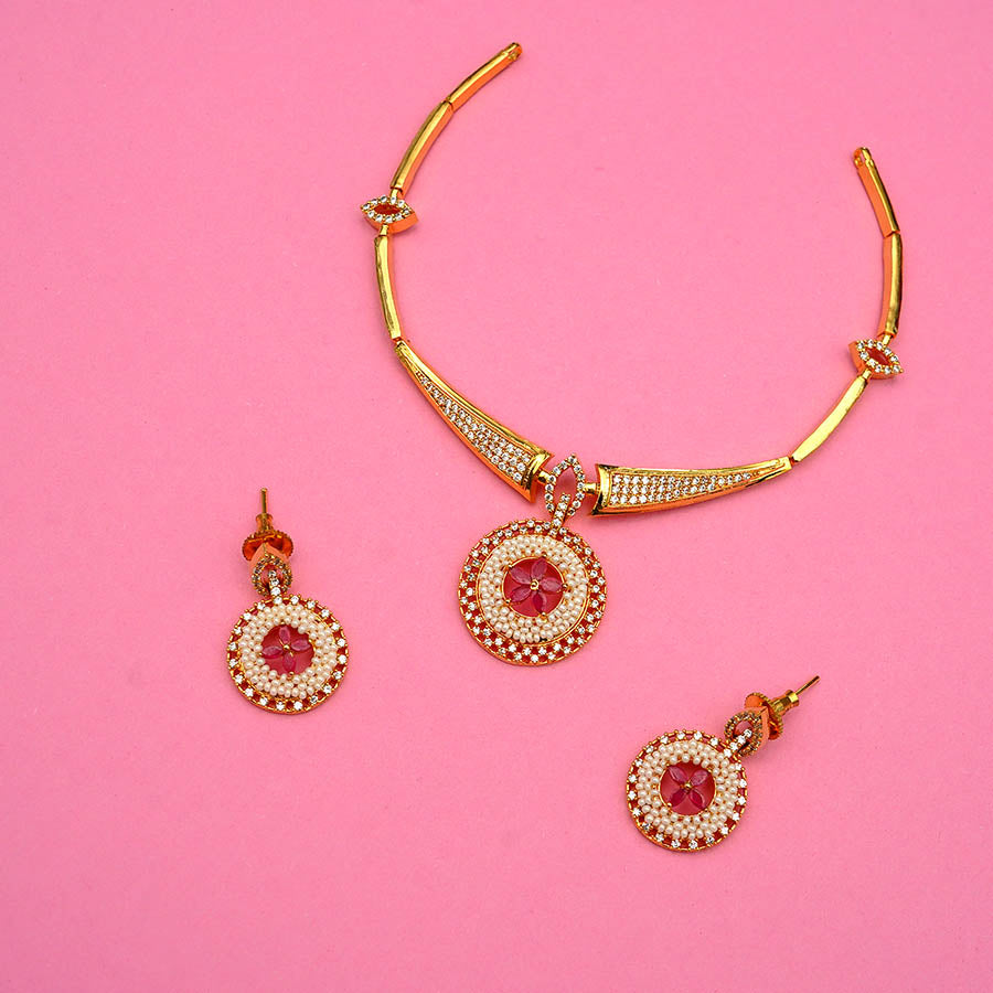 Meraki Necklace Pearl Emerald Ruby Studded Choker Set