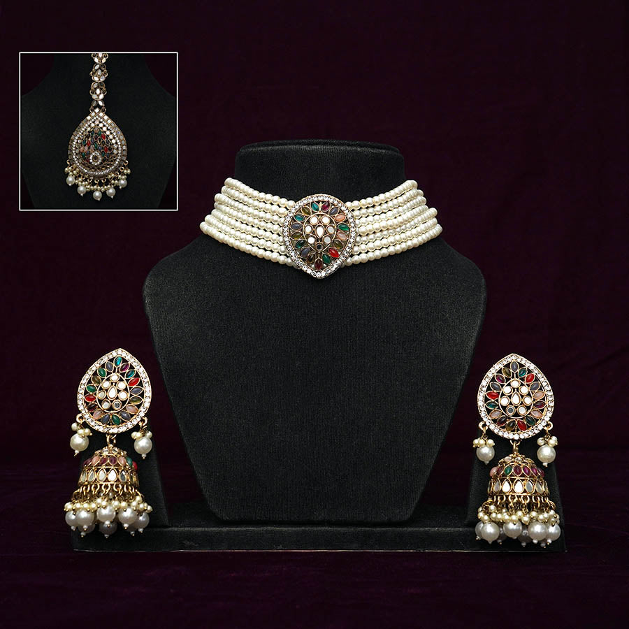 Meraki Multicolored Choker Set with White Beads