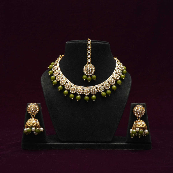 Gold Plated Kundan Choker Set with Green &White Pearls