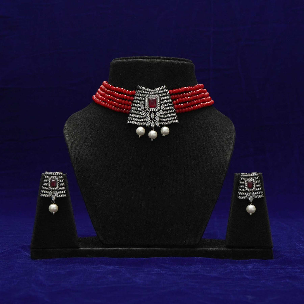 Meraki Red Choker Set with Pearl Drop
