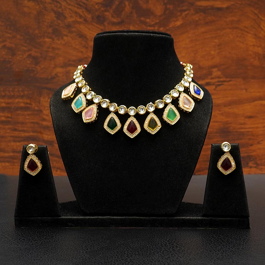 Meraki Multicolored Gold Tone Kundan Choker Set