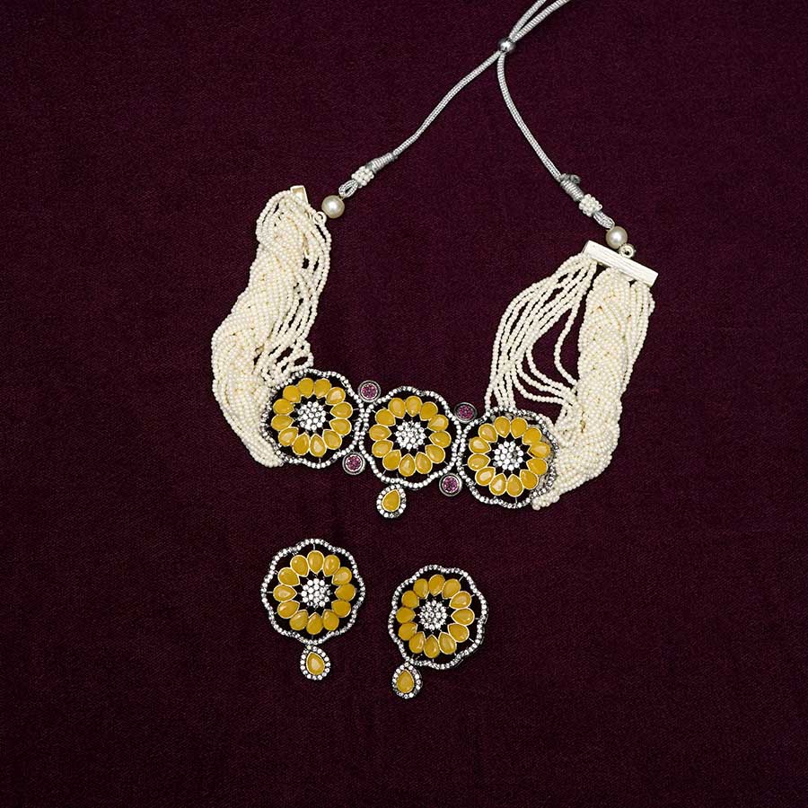 Meraki Multilayered Yellow stone Choker set with Earrings