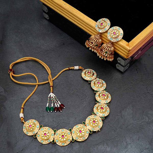 Meraki Antique Meenakari Polki Kundan Ruby studded Necklace with Matte Gold Plating Jhumkas Earrings