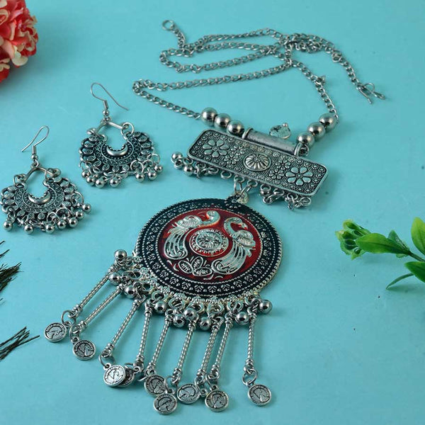 Oxidized Peacock Design Pendant With Long Chain