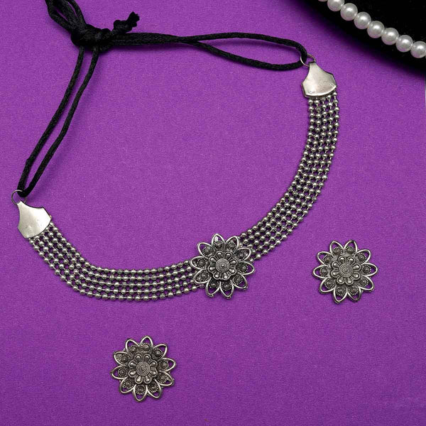 Meraki Oxidized Silver Plated Flower Shaped Choker Set