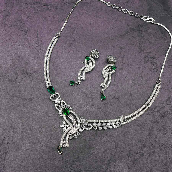 Rhodium Plated Flower Emerald Green Zirconia Droplet Necklace Set