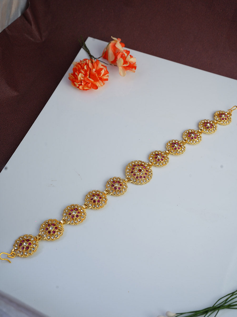 Gold Plated White And Pink Diamond Studded Mathapatti