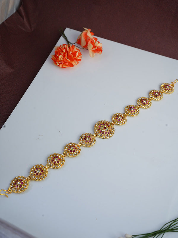 Gold Plated White And Pink Diamond Studded Mathapatti