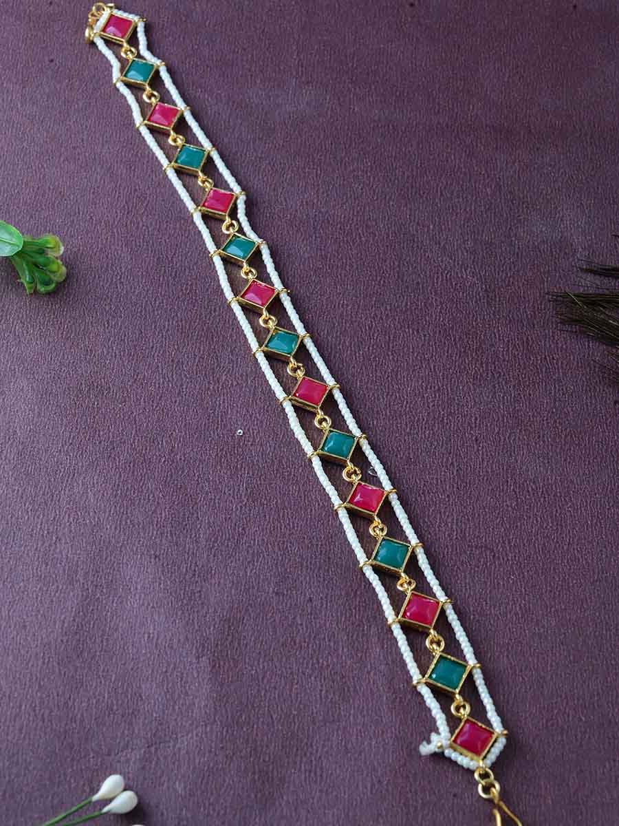 Meraki Gold Plated Square Magenta&Green Stone Mathapatti