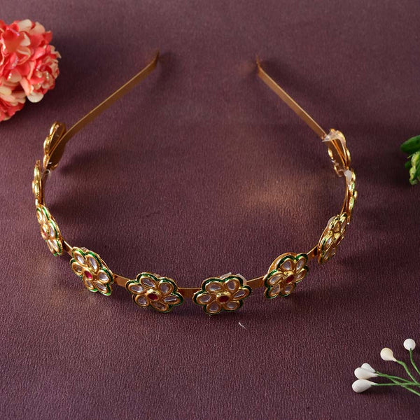 Meraki Gold Plated Traditional Floral Shaped Kundan Hairband/Matha Patti