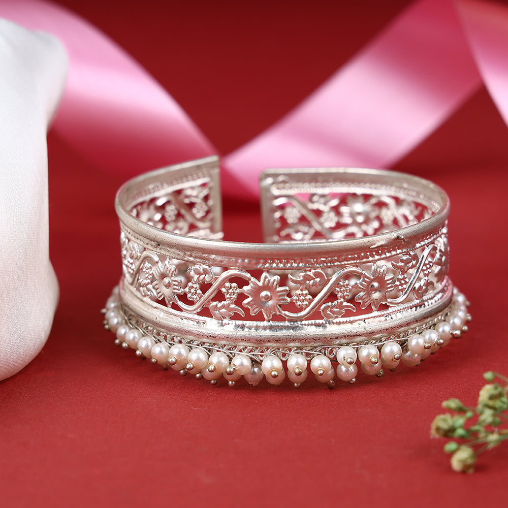 Pearl Beaded Floral Cuff Bracelet