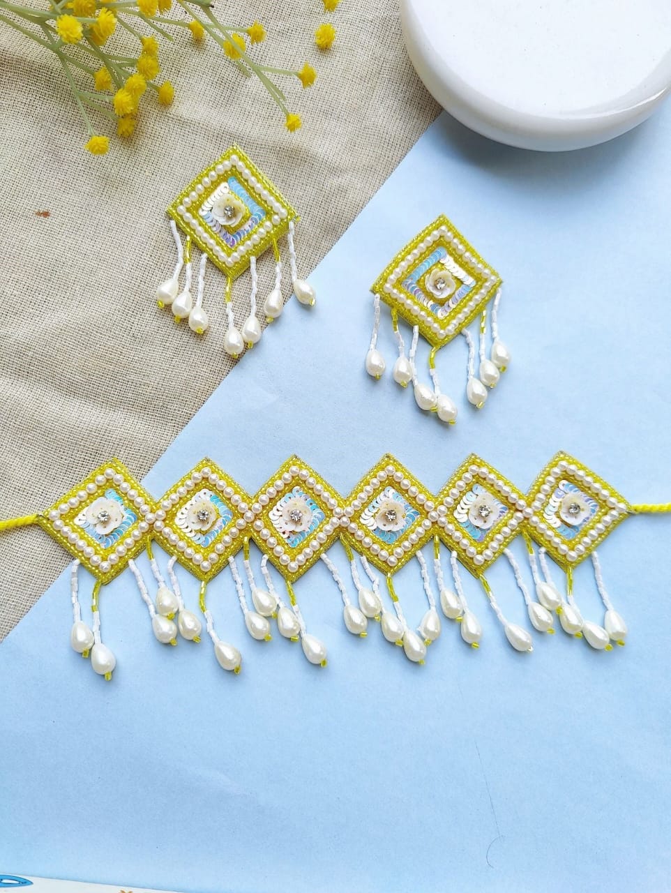 Handmade Pearl Drop Haldi Jewellery Set