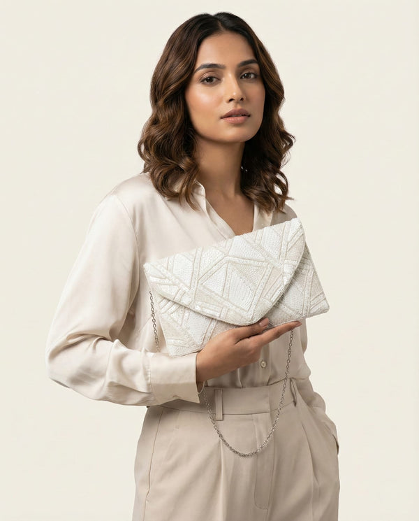 White Stitch Geometric Canvas Sling Bag