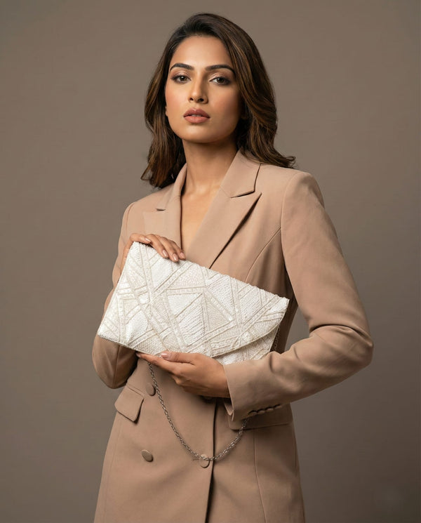 White Stitch Geometric Canvas Sling Bag
