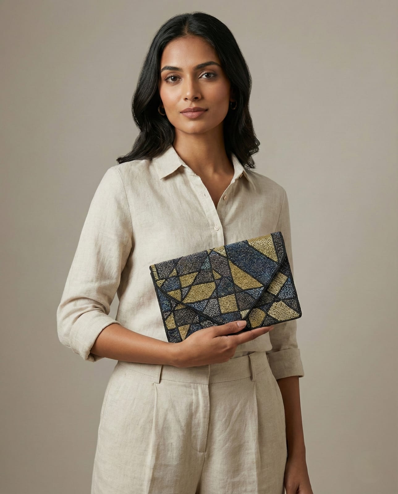 Meraki Beaded Geometric Canvas Sling Bag