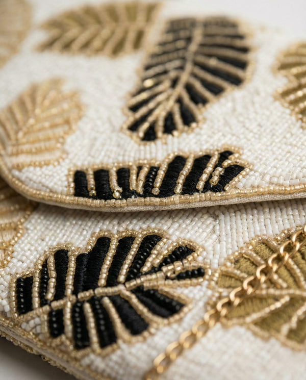 White And Black Embellished Cotton Canvas Sling Bag