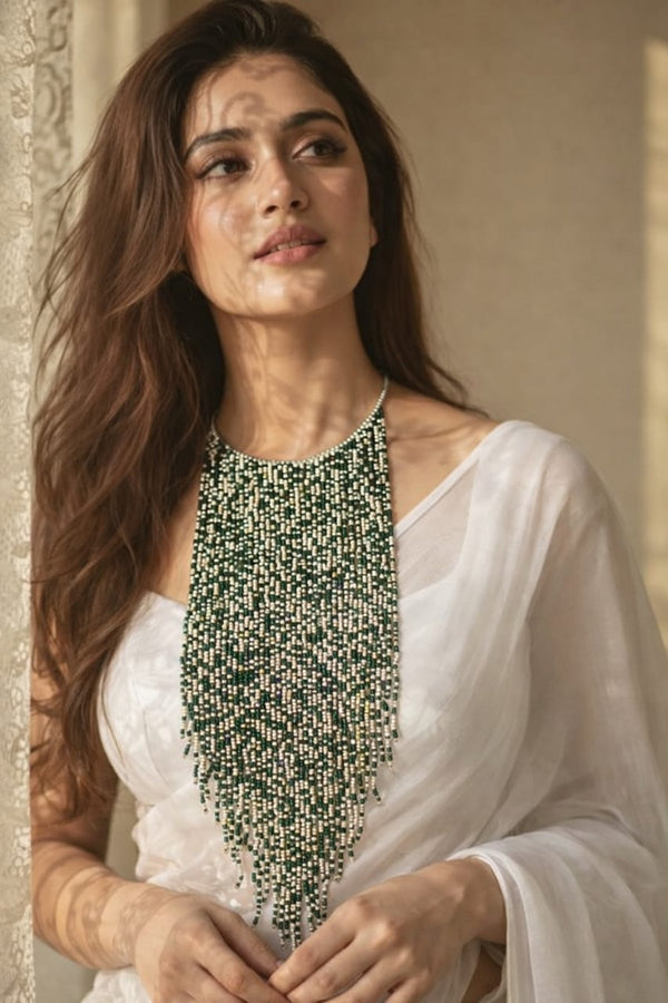 Green Beads Waterfall Necklace