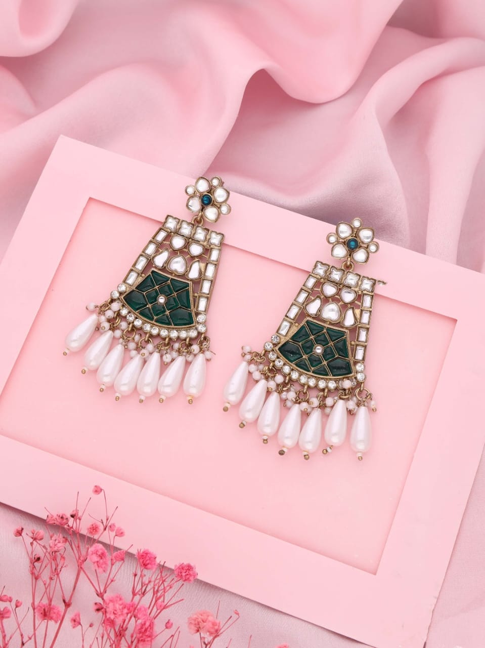 Elegant White Kundan Pearl Chandelier Earrings