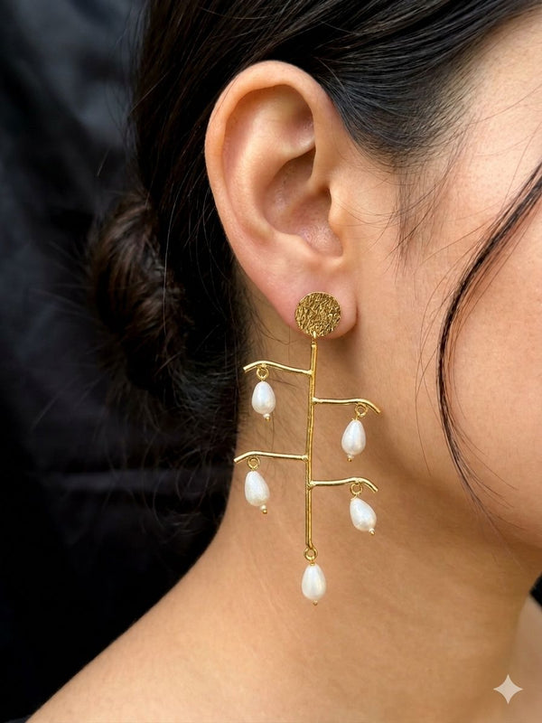 Pearl Drop Long Brass Earring