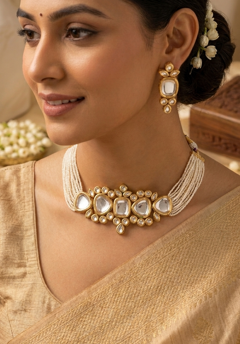 Meraki Stylish White Kundan Choker Set with Earring Necklace for Women & Girls Suitable for all Occasions