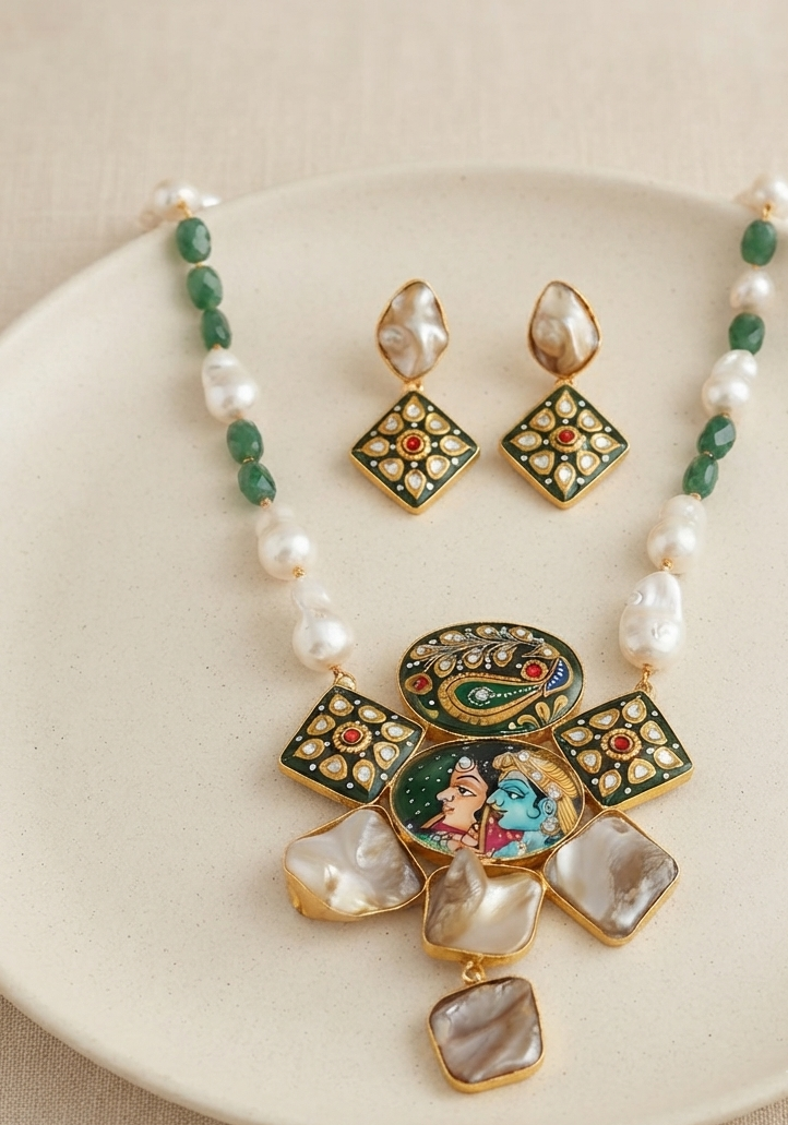 Mother Pearl Radha-Krishna Ethnic Temple Jewelry Set