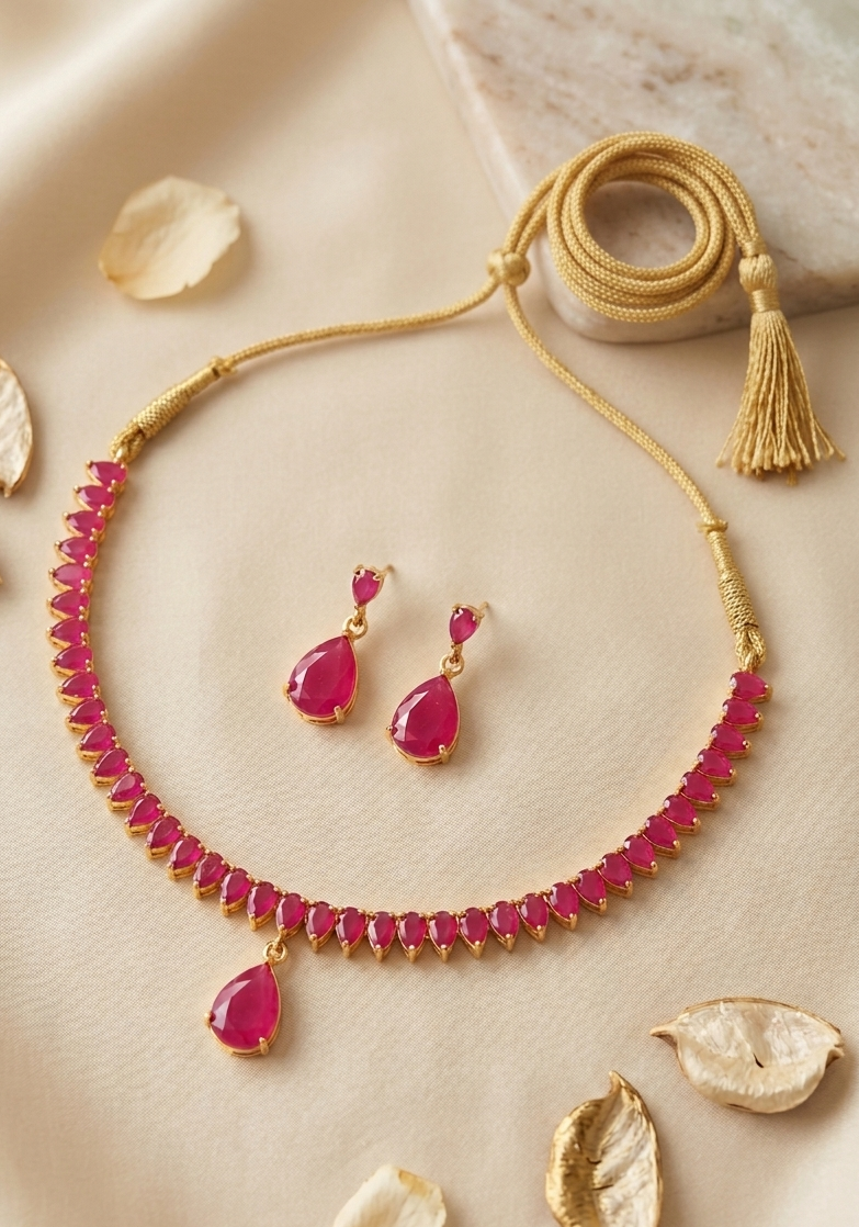 Gold Plated Magenta Necklace Set