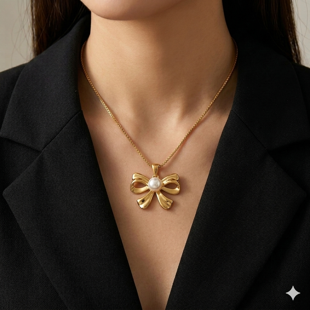 Gold Plated Bow Pendant with Pearl