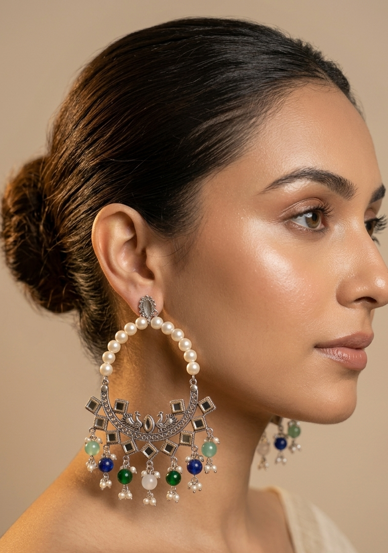 Queen Floral Peacock Beads Chand Bali