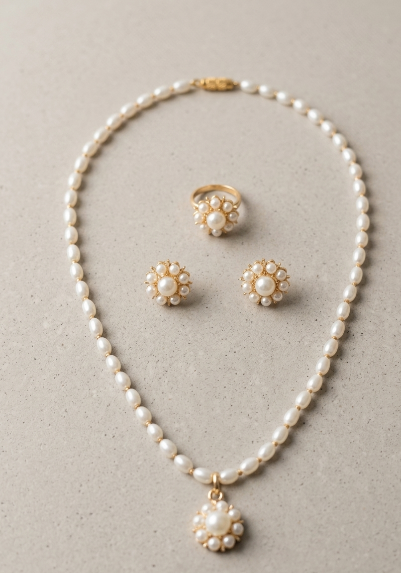 Traditional Pearl Pendant Set With Ring