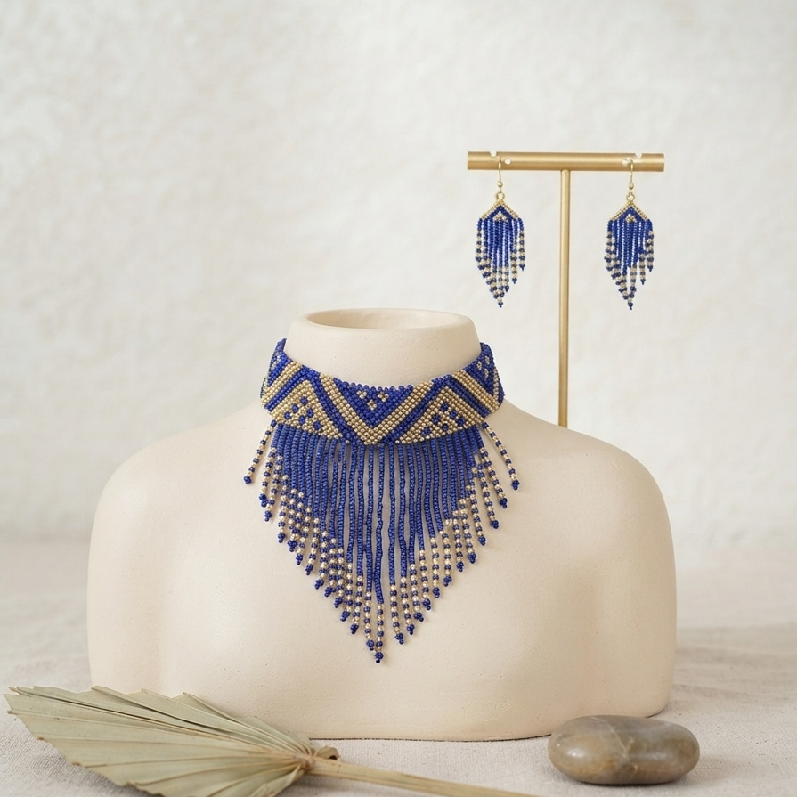 Stylish Handmade Blue Beaded Choker Set