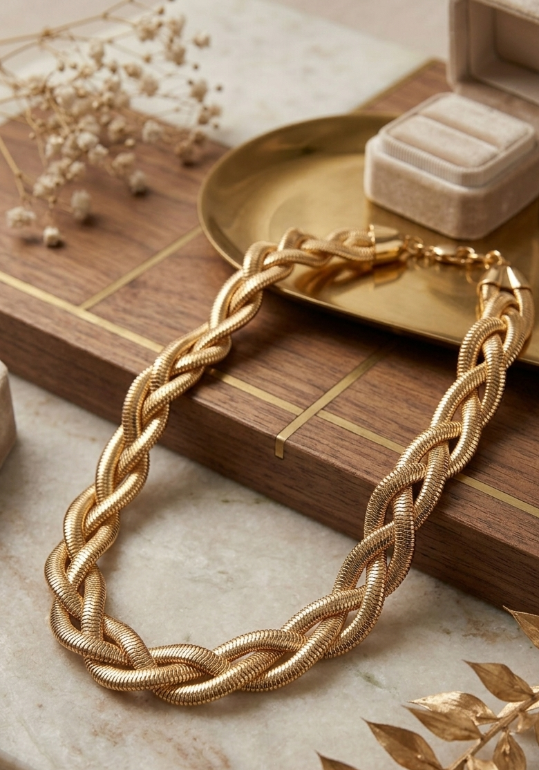 Vintage Light Gold Tone 3 Strands Braided Necklace