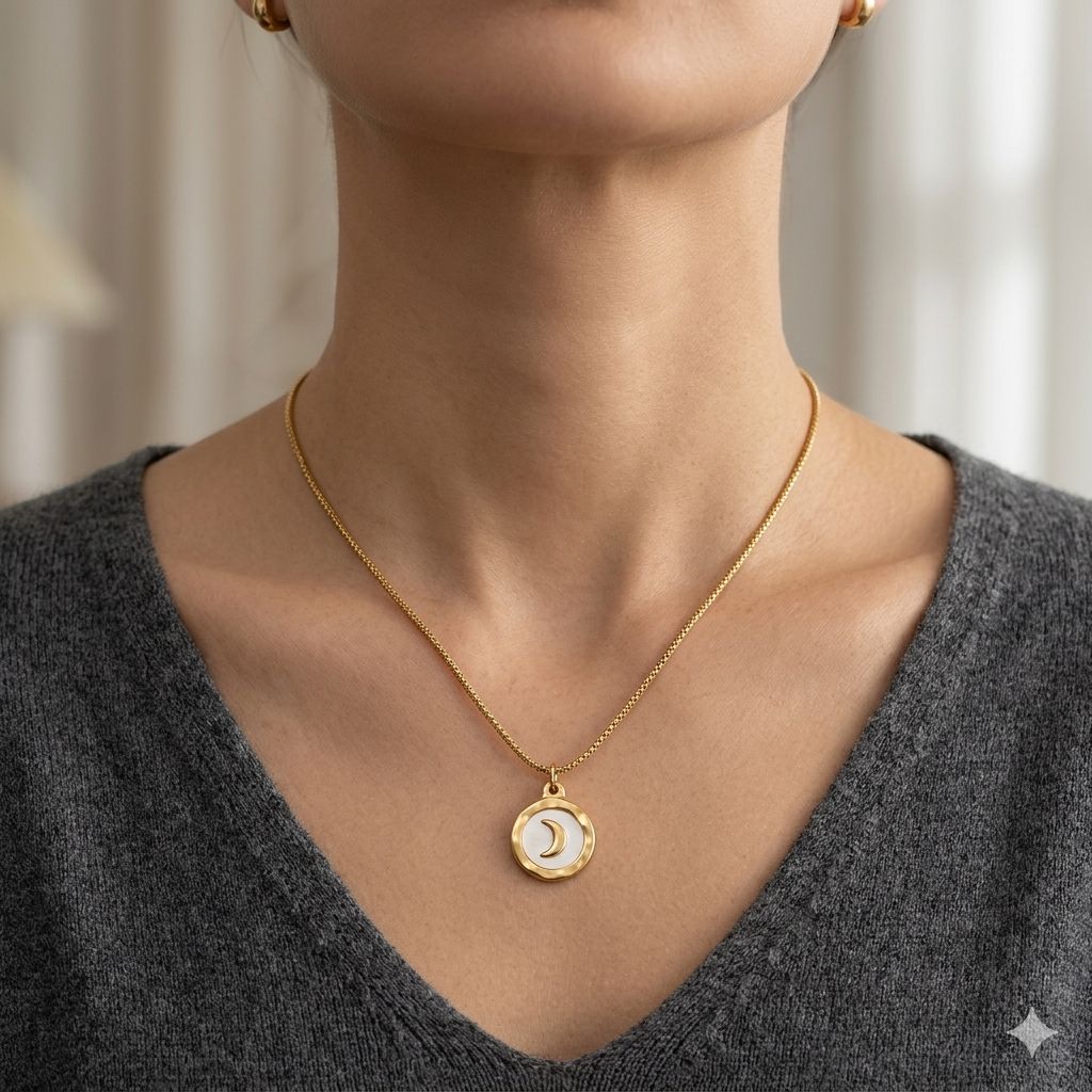 Gold Circle Half Moon Pendant Necklace