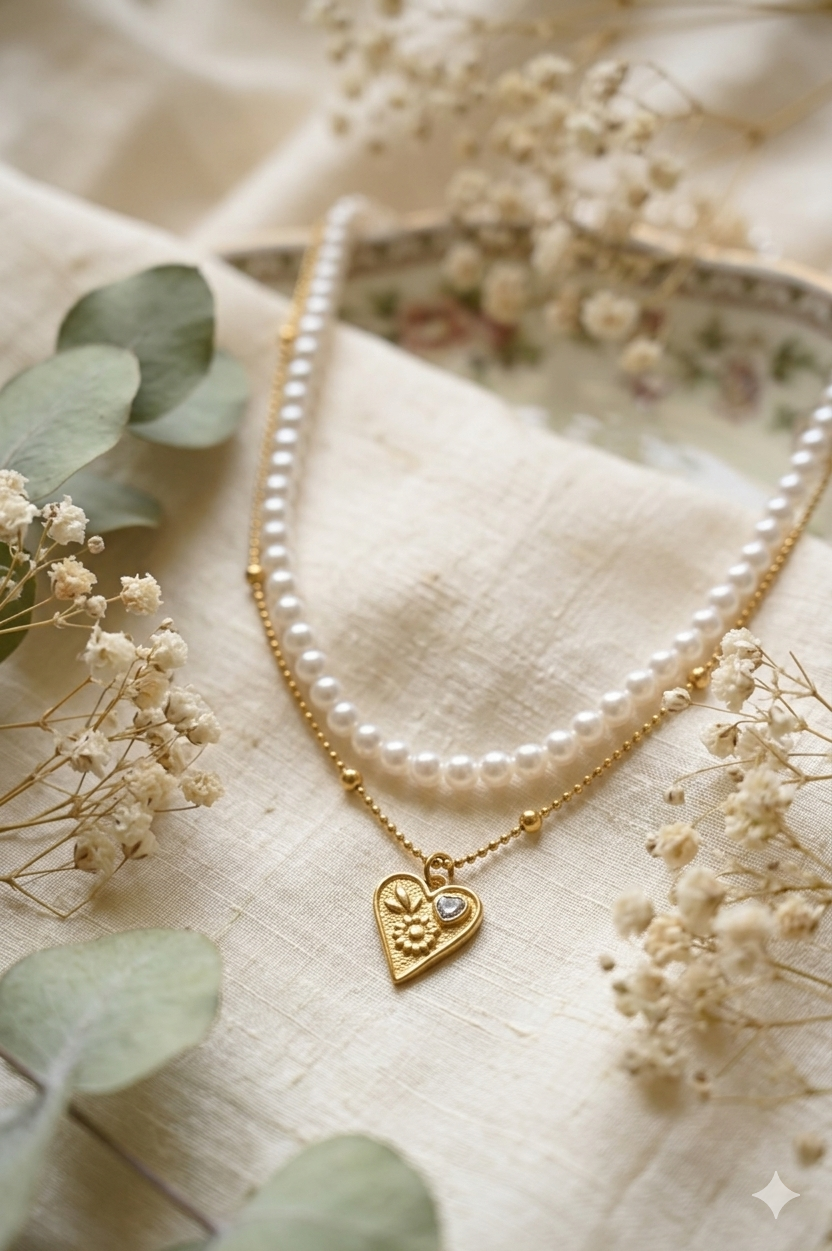 Pearls And Heart Double Chain Pendant