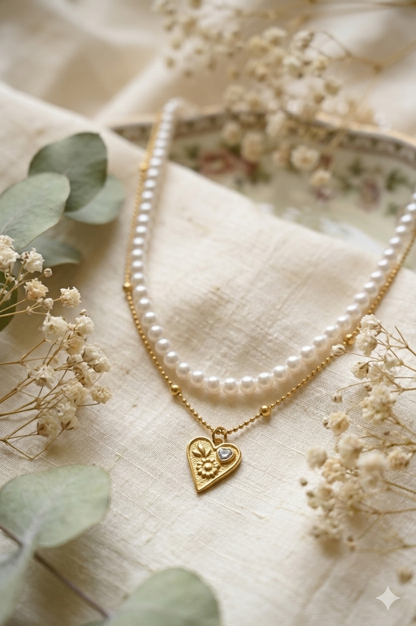 Pearls And Heart Double Chain Pendant