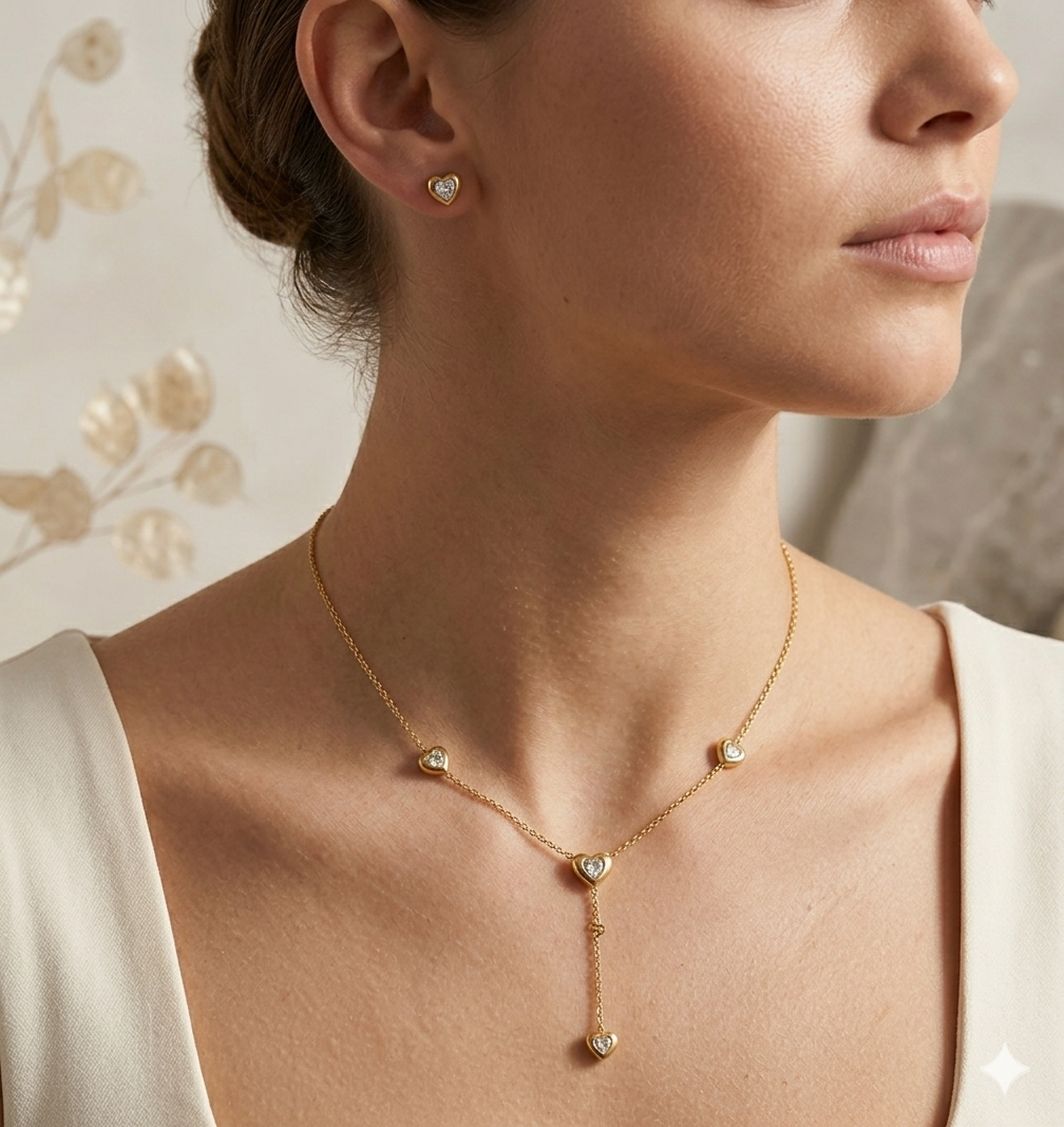 Diamond Studded Tiny Heart Pendant Set
