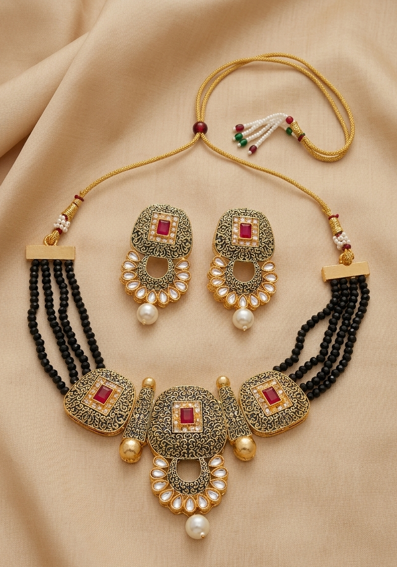 Meraki Gold Plated Ruby Diamond Choker Set